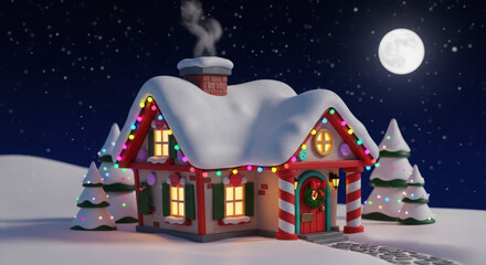 Whimsical snow-covered christmas house at night with full moon