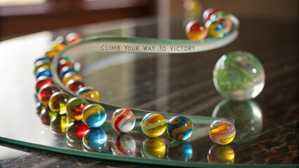 Colorful Marbles Rolling Along a Curved Glass Surface