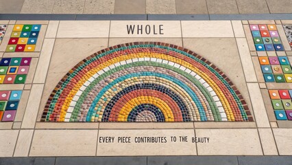 Colorful mosaic rainbow with text on a stone floor