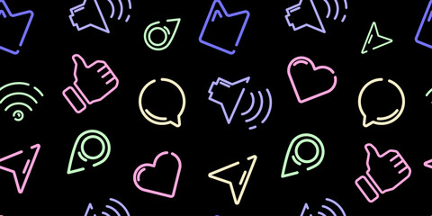 Seamless pattern of line icons for social media and mobile interface with various symbols, for wallpapers, web backgrounds, UI design, app themes, and digital marketing. Vector illustration