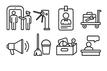 Stadium Operations Icons. Stadium Operations Set linear set: security check, turnstile entry, usher badge, maintenance cart, PA speaker, cleaning tools, lost-and-found box, service
