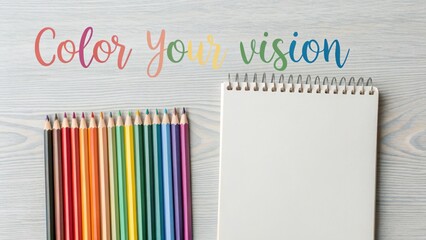 Colorful pencils and a notepad on a wooden surface