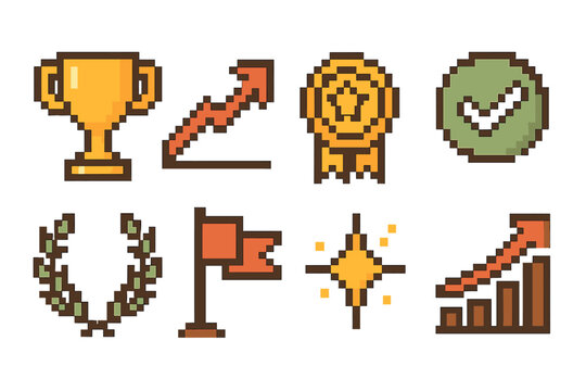Success Icons Collection. Success Icons Set pixel style set: trophy cup, rising arrow, star badge, checkmark circle, laurel wreath, goal flag, shining spark, upward chart.