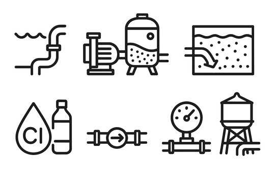 Water Treatment Icons. Water Supply & Treatment linear set: intake pump, filtration tank, sediment basin, chlorine dose icon, clean water pipe, pressure valve, storage tower,