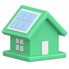 Solar energy house icon with rooftop photovoltaic panels. 3D illustration.