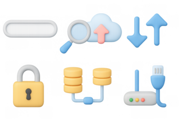 Cartoon tech icons with cloud, network, and data concepts for digital design