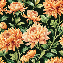 Classic Orange Chrysanthemum Flowers Botanical Watercolor Vector Seamless Pattern