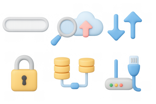 Cartoon tech icons with cloud, network, and data concepts for digital design - Powered by Adobe