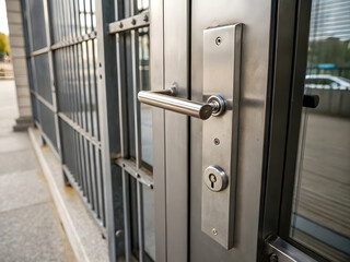 Metal door handle with lock and lock on the entrance to the building