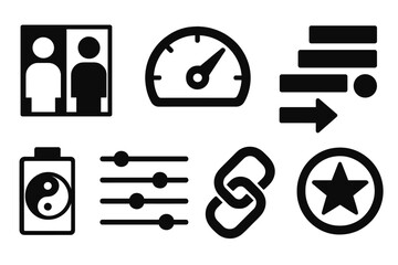 Brutalist Efficiency Icons. Hybrid Efficiency Set silhouette set: collaborative–independent mix tile, dynamic task gauge, mode-switch arrow, contextual workflow bar, balanced