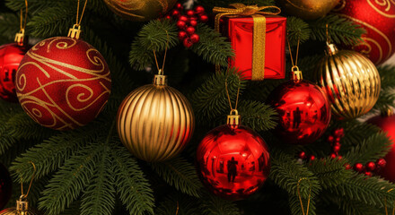 Festive christmas tree adorned with red and gold holiday decor.