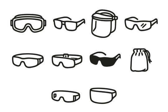 Safety Eyewear Icons. Safety eyewear items linear set: sealed goggles, reinforced frame glasses, protective face visor, anti-scratch lens, low-profile shield, adjustable strap,