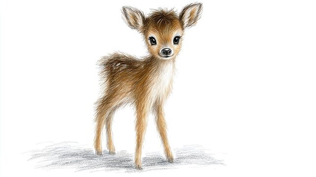   A baby deer on a snowy ground, surprised expression