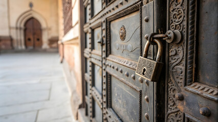 Old iron door with closed padlock in the old town