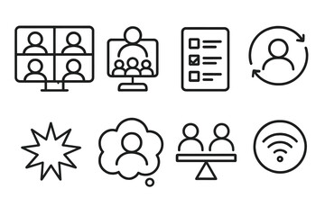 Remote Collaboration Icons. Remote Interaction Practices Set linear set: multi-user call panel, virtual group icon, structured agenda card, async update loop, engagement flare,