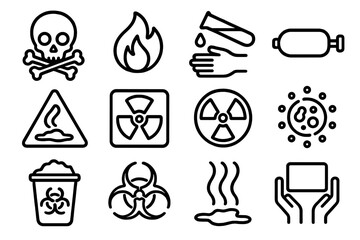 Safety Warning Icons. Chemical & Environmental Alerts linear set: toxic symbol, flammable liquid icon, corrosive substance splash, gas cylinder warning, spill hazard sign,