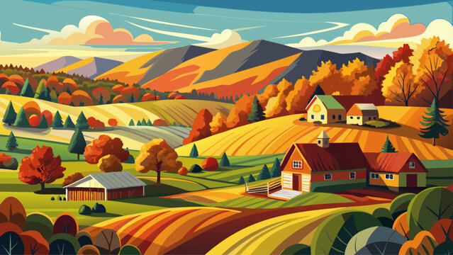 Very beautiful rolling rural hills of Vermont covered in rich autumn colors, scattered farms, and peaceful open meadows forming a harmonious seasonal scene.