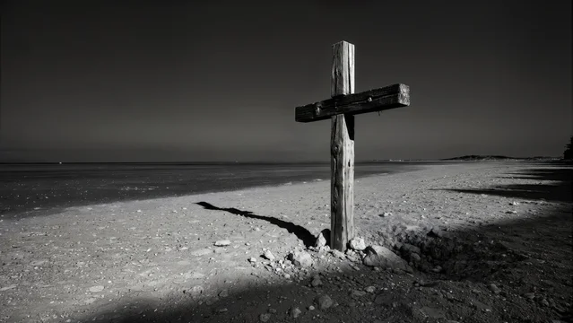 Front view of abandoned wooden cross in shadows
