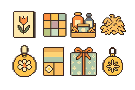 Pixel Art Gift Icons. Themed Gift Sets pixel style set: motif card, coordinated colors, curated items, decorative filler, theme icon, style palette, wrapping sheet, accent charm. .
