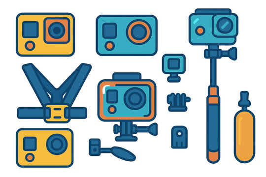 Action camera and mounting accessories flat icon set
