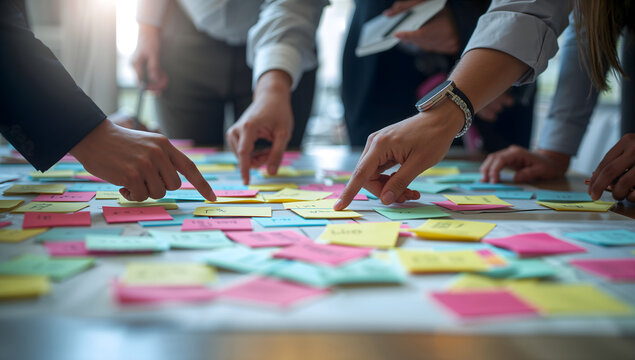 A close-up shot of multiple hands pointing at colorful sticky notes spread across a table, suggesting teamwork and idea generation in a professional setting.