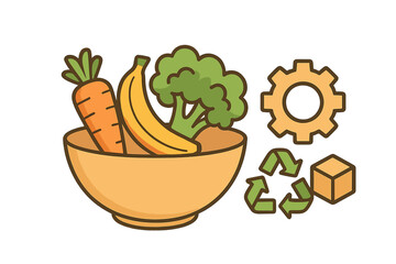 Bowl with vegetables and symbols of recycling in a simple design