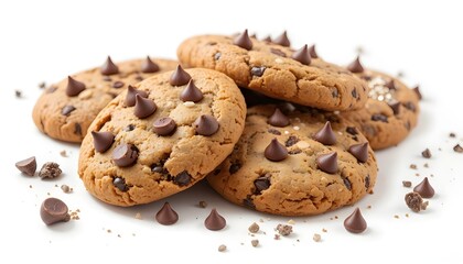 Gourmet Chocolate Chip Cookies: Irresistible Stack of Golden Perfection with Melt-in-Your-Mouth Chips on a Crisp White Background. The Ultimate Sweet Treat.