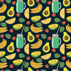 Seamless pattern with smoothies in mason jars.