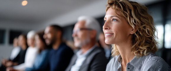 Close-up of a confident woman smiling attentively during a diverse group meeting in a modern setting with blurred colleagues in the background