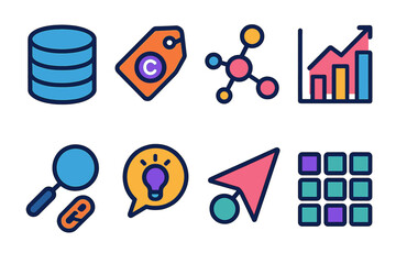Vibrant Research Icons. Research Information Networks flat set: database icon, citation tag, research nodes, data chart, analysis link, insight bubble, discovery arrow, reference