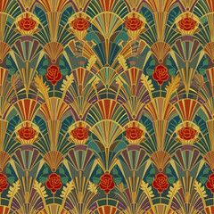 This luxurious seamless Art Deco pattern showcases stylized fan motifs, intricate geometric shapes, and vibrant red roses, evoking vintage elegance.