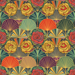 An elegant seamless Art Deco pattern featuring stylized roses and intricate geometric fan shapes in a vintage color palette, perfect for luxurious design projects.