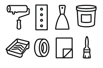 Fototapeta premium Home Repair Tools. Home Surface Repairs linear set: paint roller, sandpaper, putty knife, spackle tub, paint tray, masking tape, drop cloth, touch-up brush. .