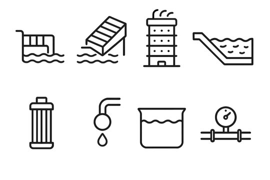 Water Supply Icons. Water Supply Infrastructure linear set: river intake, pre-filter screen, aeration tower, settling trough, cartridge filter, disinfect dose point, main reservoir