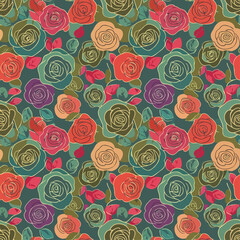 Fototapeta premium A beautiful seamless pattern features an array of colorful vintage roses and delicate leaves against a dark background, perfect for textile designs.