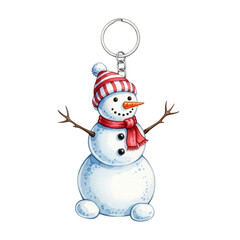Watercolor Snowman keychain with red striped hat isolated on a transparent background