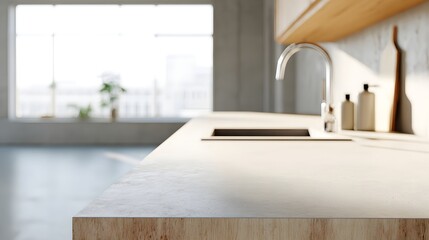 Wooden kitchen countertop in bright modern interior with natural sunlight illuminating minimalist warm home