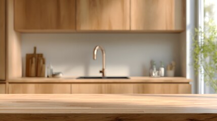 Wooden kitchen countertop in bright modern interior with natural sunlight illuminating minimalist warm home