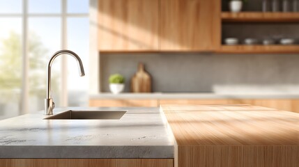 Wooden kitchen countertop in bright modern interior with natural sunlight illuminating minimalist warm home