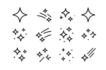 Set of simple black outline star and sparkle icons for cleaning or magic effects