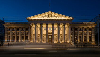 Obraz premium Neoclassical building illuminated at twilight against a deep blue sky with light trails