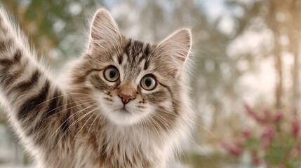 Fototapeta premium A feline with one paw aloft and one paw extended, surrounded by tree foliage