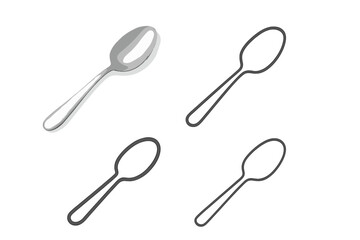 Realistic metal spoon rendering and simple outline icon collection