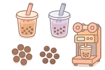 Set of cute bubble tea drinks and tapioca pearls icons