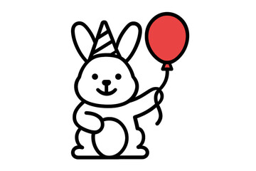 Charming cartoon rabbit with party hat holding a bright red balloon