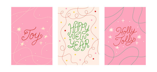Set of winter holiday greeting cards with quotes joy, happy new year and holly jolly. Vector hand drawn illustration and calligraphic lettering