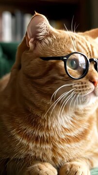 Close up of a quirky orange tabby cat sporting stylish black round glasses. The intelligent feline gazes around with an air of sophistication, evoking a scholarly aura