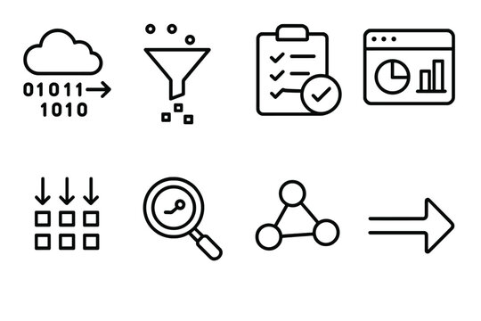 DataOps Icons. Advanced DataOps Set linear set: event-driven data stream, smart ingestion funnel, automated QA checkpoint, metadata insight panel, elastic processing grid, unified
