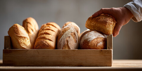 Freshly baked assorted bread loaves arranged in a wooden crate with a hand picking one loaf in soft natural light