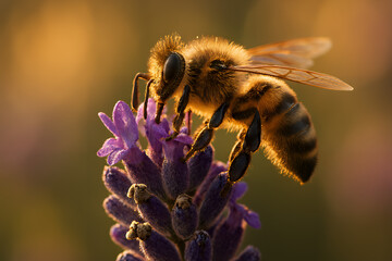 Close up macro shot of a fuzzy honeybee collecting nectar from a vibrant purple lavender flower in soft golden hour sunlight
